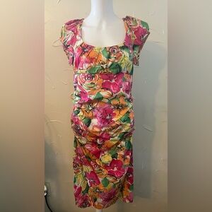 Suzy Chin Boutique For Maggy Multicolored Floral Print Ruched Dress SZ 14